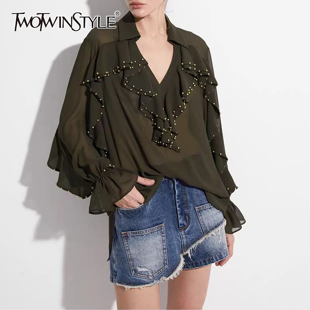 

TWOTWINSTYLE Solid Spliced Fungus French Shirt Female V Neck Long Sleeve Loose Literary Design Women's Shirts Autumn Fashion New