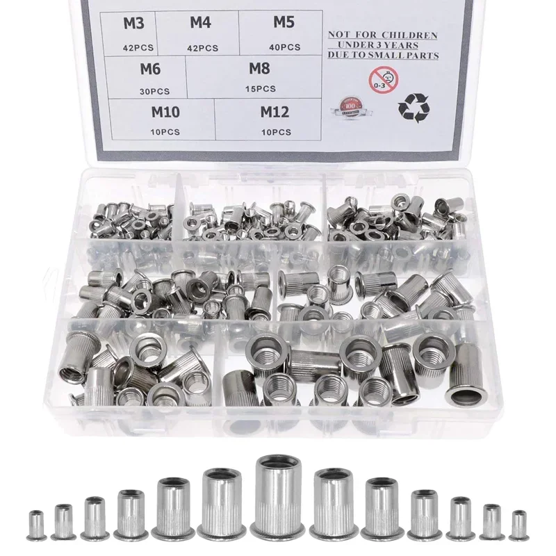 

189Pcs Boxs 304 Threaded Rivet Nut Set Flat Head Threaded Rivet Insert Nutsert Cap Rivet Nut Kit Assortment M3/4/5/6/8/10/12