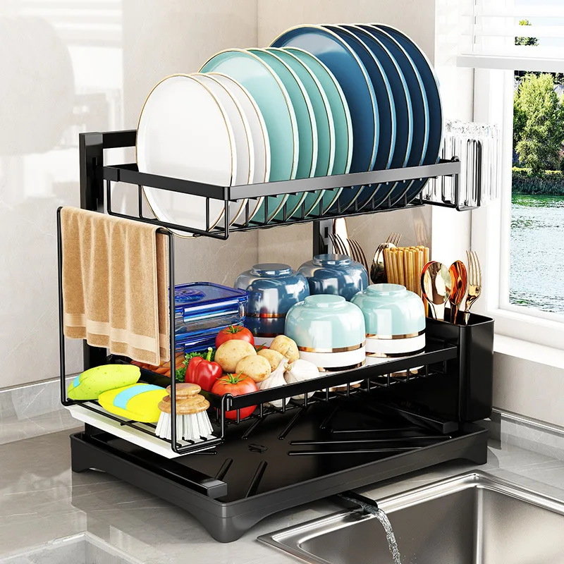 2 Tier Dish Drying Rack With Drainboard Kitchen Sink Organizer with Chopstick Cage Tableware Storage Basket with Towel Rack