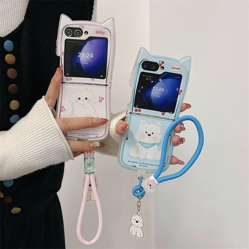 Cartoon Cherry Cat Lanyard Phone Case For Samsung Galaxy Z Flip 6 5 4 3 ZFlip6 Z Flip6 ZFlip 6 Cat Ears Shockproof Cover