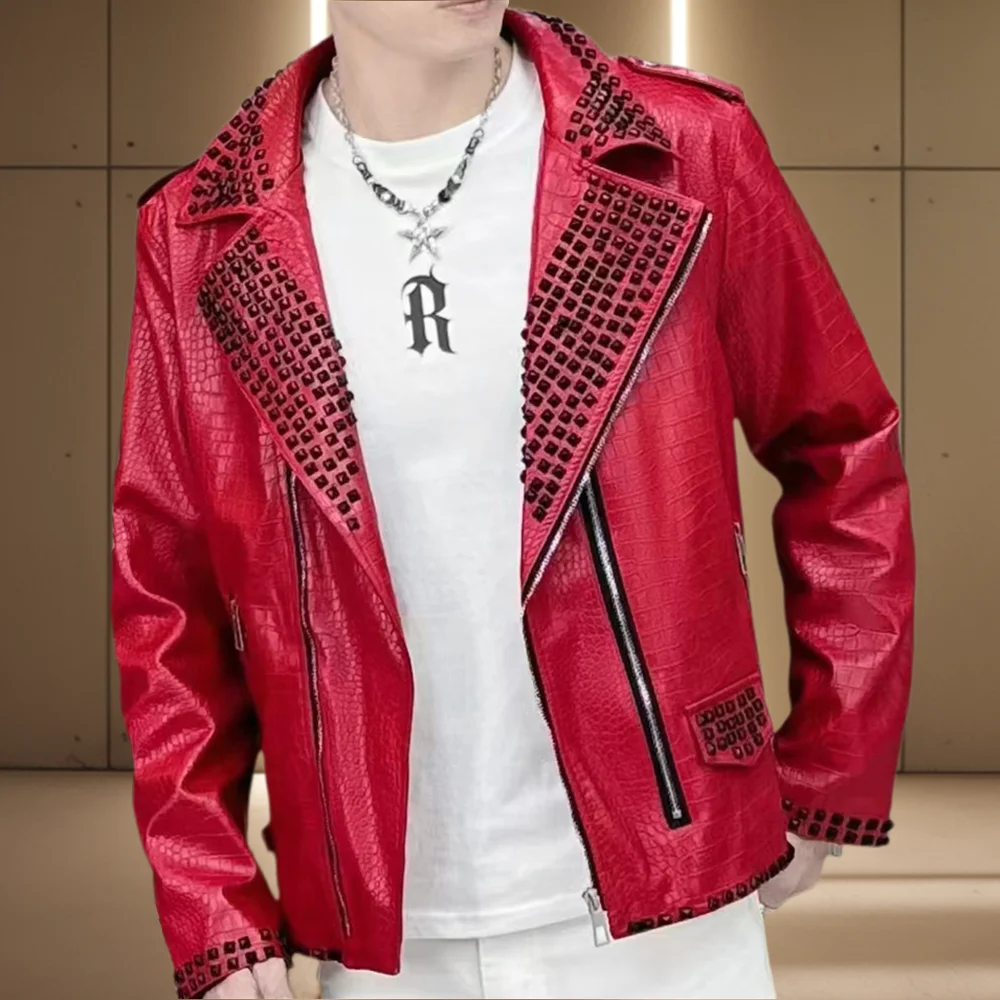 High Quality Metal Rivet Decoration Jacket Men Jaqueta Bomber Men Jacket Coat Red Black Luxury Fashion Punk Club Outfit Jacket