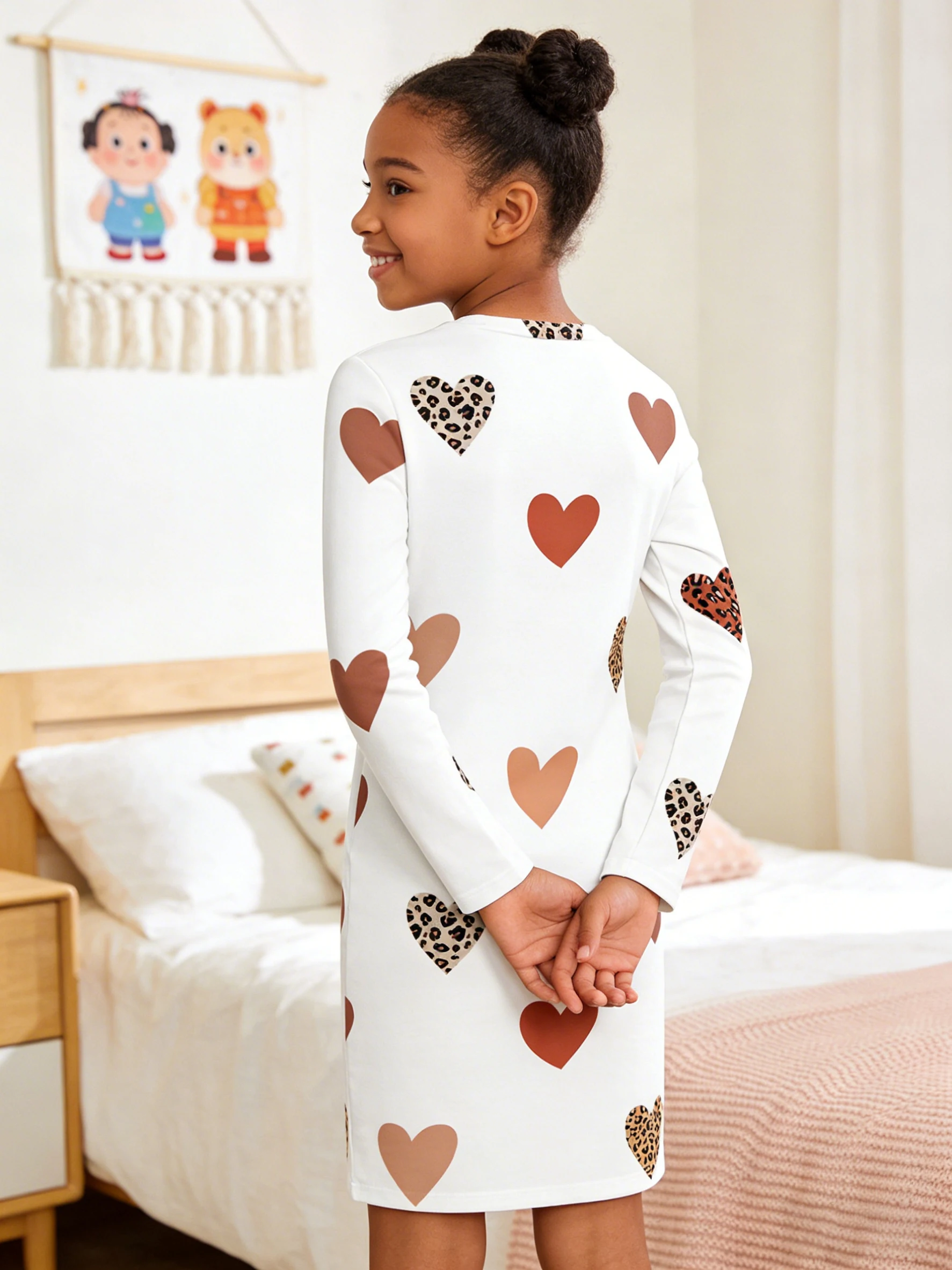 2026 girls white background brown tone love leopard print love print long sleeve slim dress