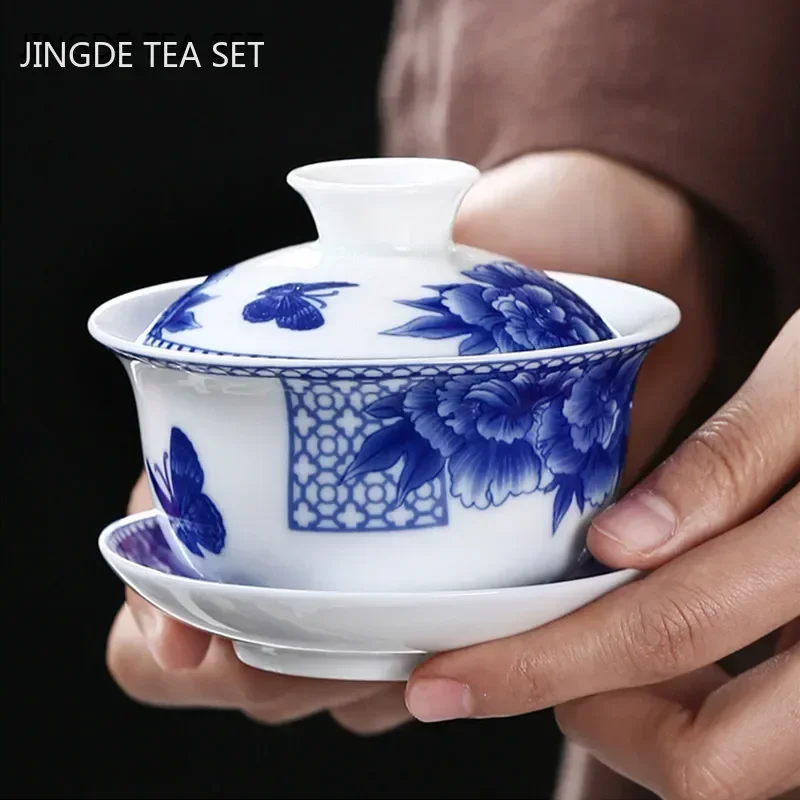 Jingdezhen White Porcelain Gaiwan Tea Cup Blue and White Porcelain Tea Maker Ceramic Handpainted Tea Bowl Tea Set Supplies