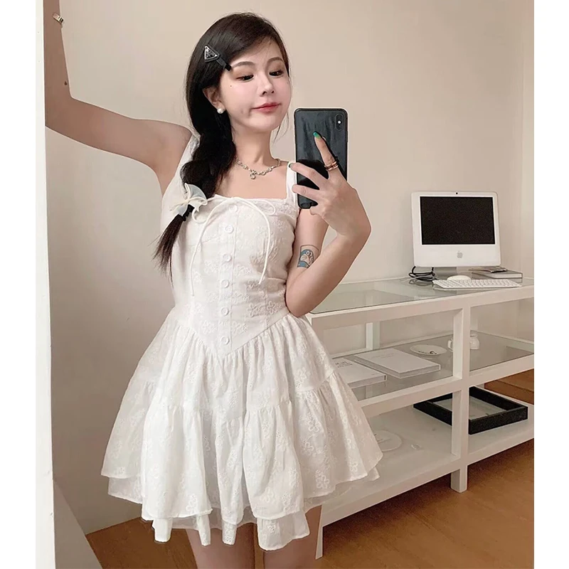MEXZT Sweet White Mini Dress Women Fairy Party Prom Strap Ruffles One Pieces Dresses Korean Vacation Bodycon Ball Gown Vestidos