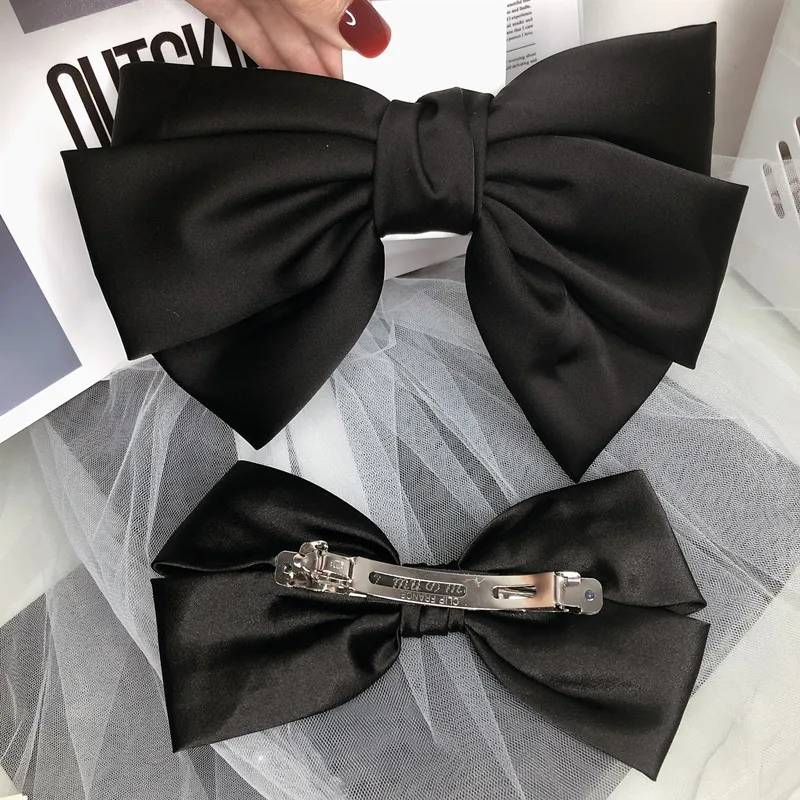 New Fashion Premium Black Satin Barrettes Bow Hair Clip Temperament Hair bow Ribbon Ponytail Clip For Women Top Hair accessories