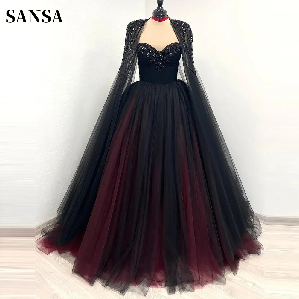 Sansa Gothic Black WIth Red Wedding Dress Sequins Cape Sleeve Ball Gown Vestidos De Novia Customized A-line Prom Dresses