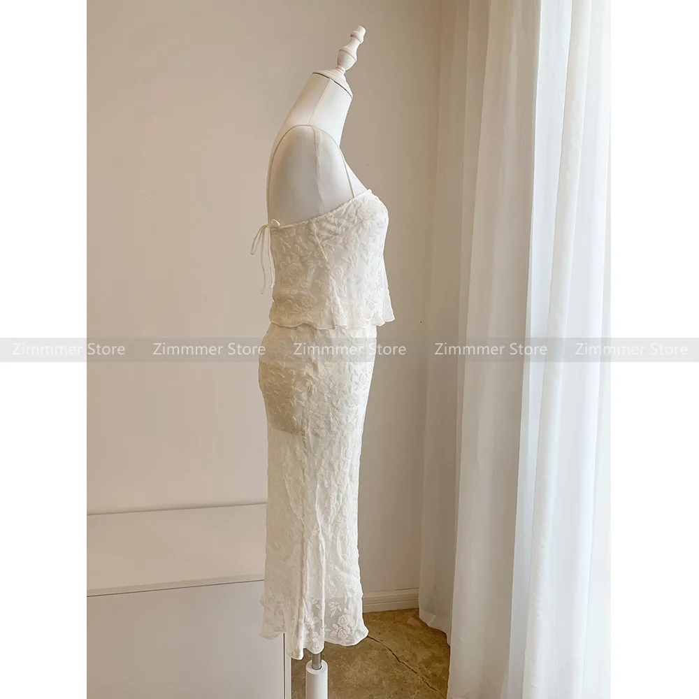 Australian niche 2024 summer new silk three-dimensional burnt flower lace-up white camisole top + skirt set