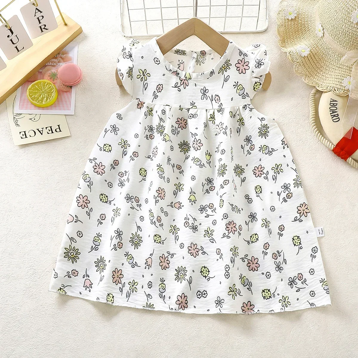 

New 2025 Girls Summer Thin Beach Dress Baby Cute Cartoon Flower Print Flutter Sleeve Princess A-line Dresses Sundress Clothing