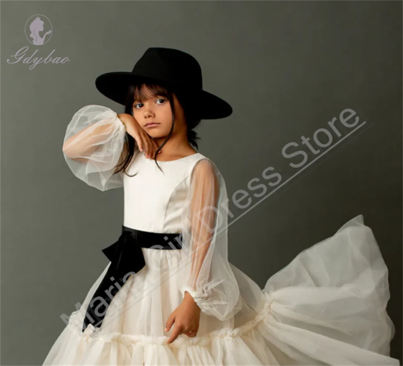 

Elegant Sheer Long Sleeve Champagne Flower Girl Dress Fluffy Communion Suitable For Children's Birthday Party Dresses