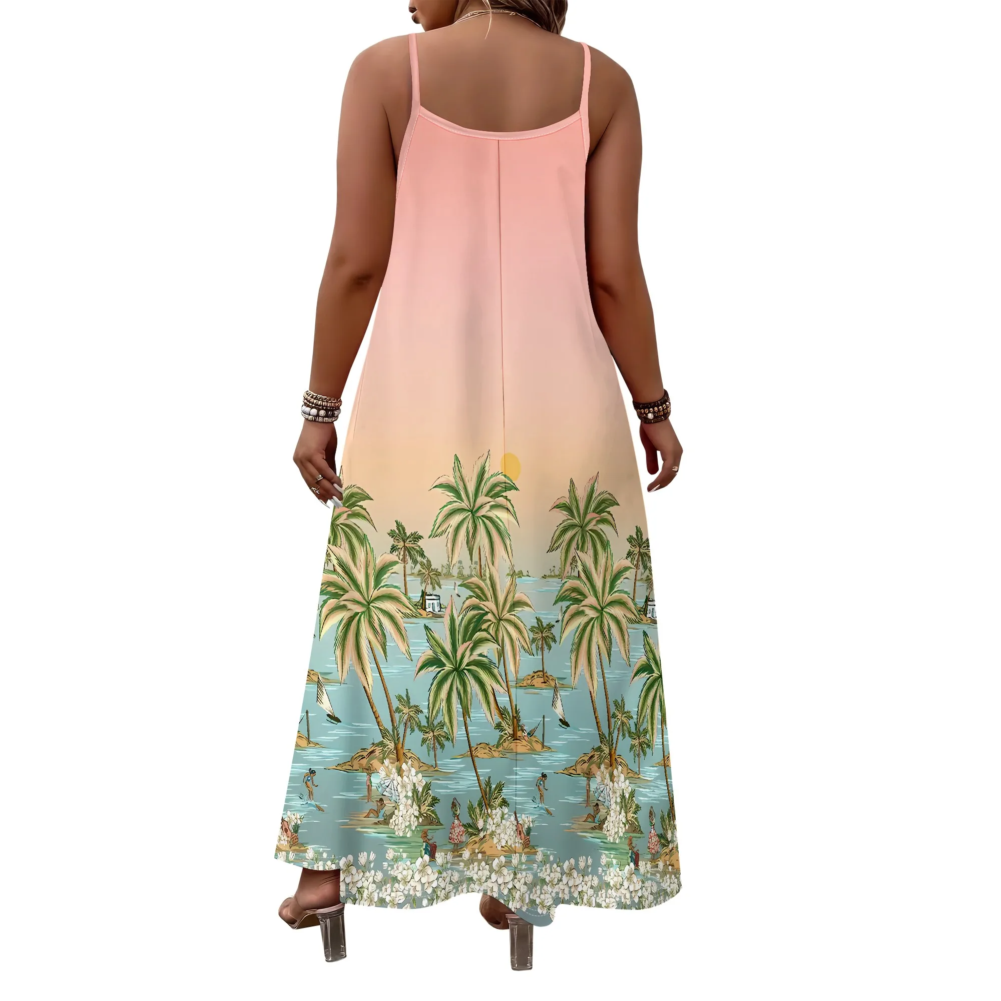 فستان Nupusa Tropical Print للنساء مقاس كبير فستان صيفي كاجوال بحزام سباغيتي