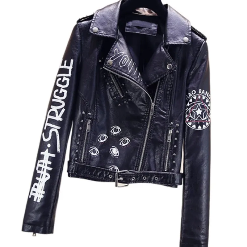 Punk style lapel women's PU leather jacket shoulder badge belt printed motorcycle jacket leather rivet short jacket