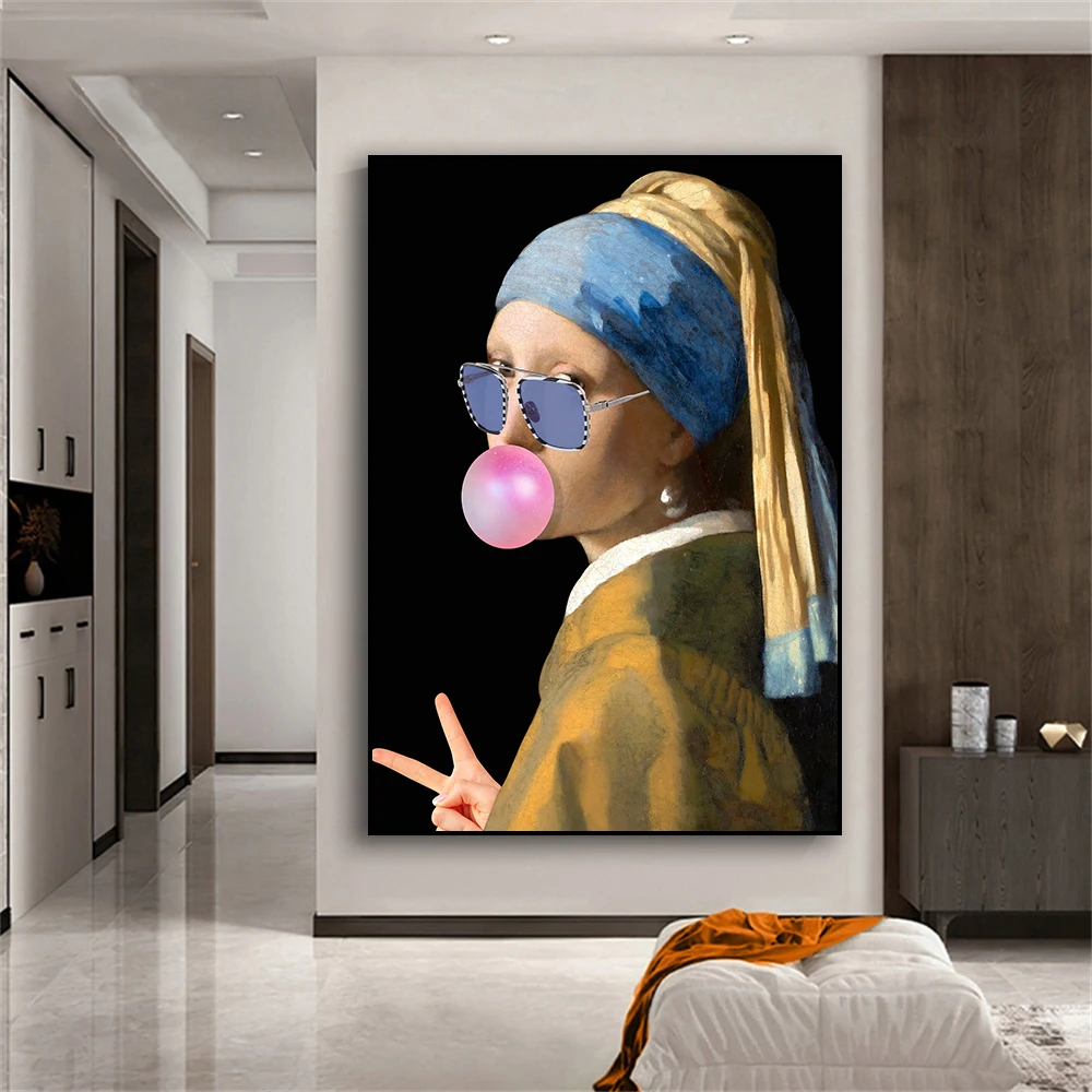 Altered Art Vintage Portrait Poster Girl with a Pearl Earring Prints Funny Oil Painting Bubble Gum Canvas Painting Home Decor