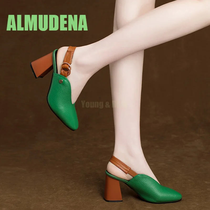 

Baotou High Heels New Green Sandals Women's Summer Retro Thick Heels Soft Leather Back Empty Single Shoes Real Leather Shoes