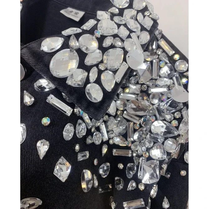 Women Rhinestones Beaded Sequins Black Denim Jacket Spring Autumn Crystal Jean Coat Loose Long Sleeve Streetwear Cowboy Cardigan