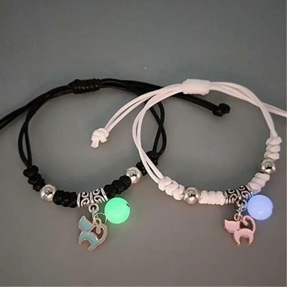 2Pcs Adjustable Luminous Beads Couple Bracelet Woven Rope Star Charms Bracelet Set Bracelet Jewelry Heart Friendship Bracelet