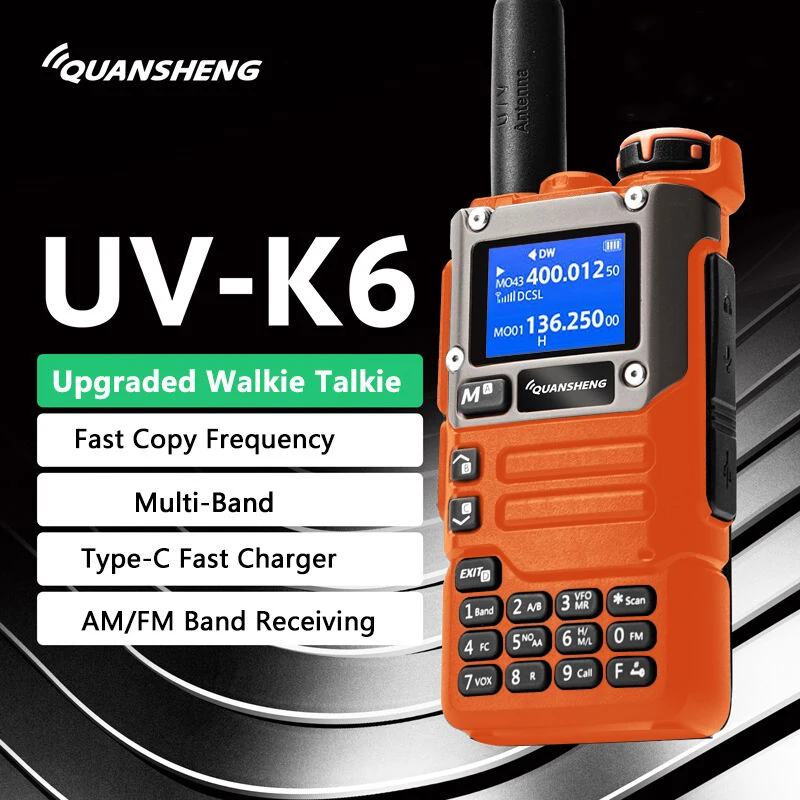 Quansheng-walkie-talkie UV K6 de 5W, banda de aire naranja, USB tipo C, UHF, VHF, DTMF, frecuencia inalámbrica, NOAA, UV-K58, AM, FM, Radio