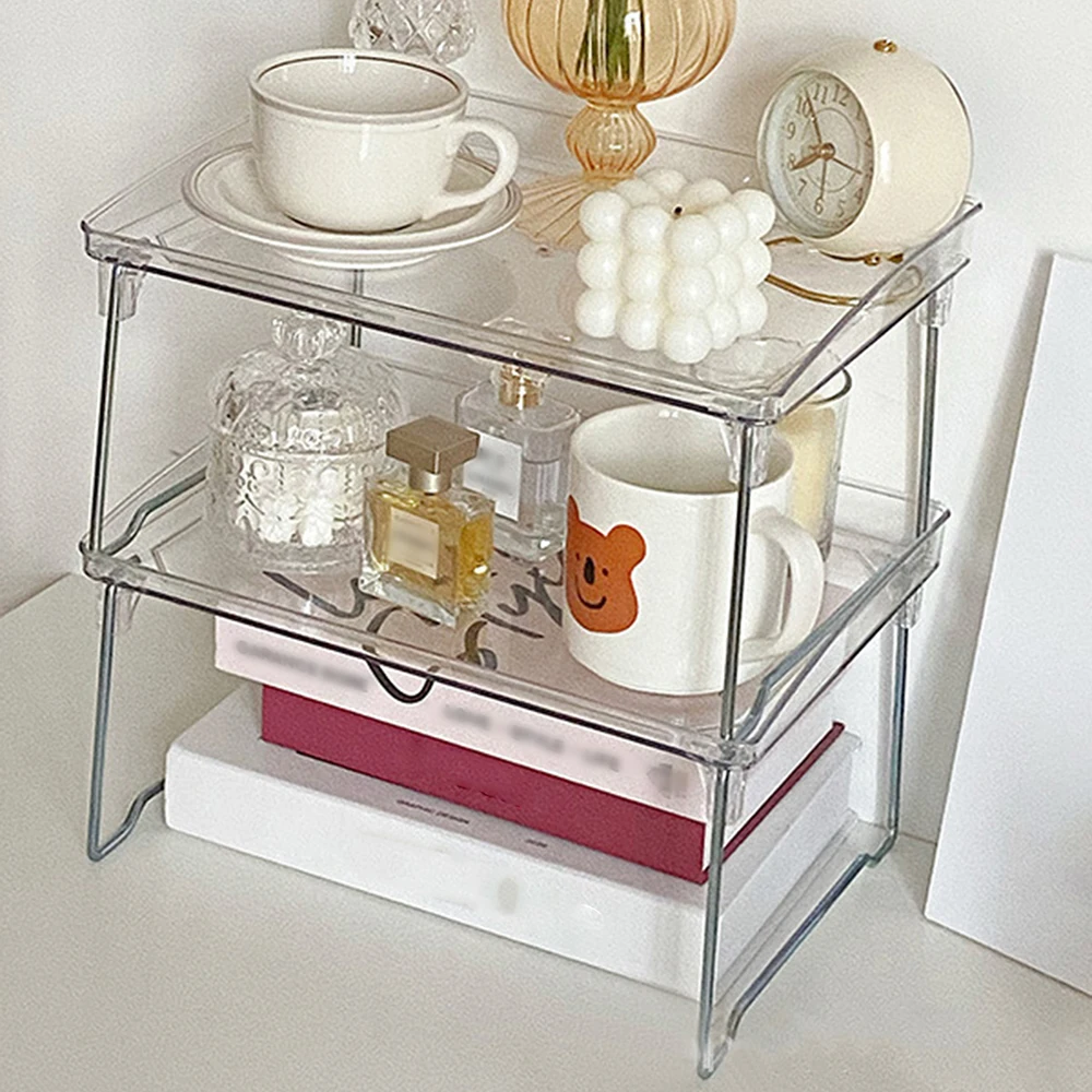 Estante plegable acrílico transparente de 1 pieza, estante de almacenamiento de escritorio apilable y multicapa, adecuado para oficina, estudio, dormitorio