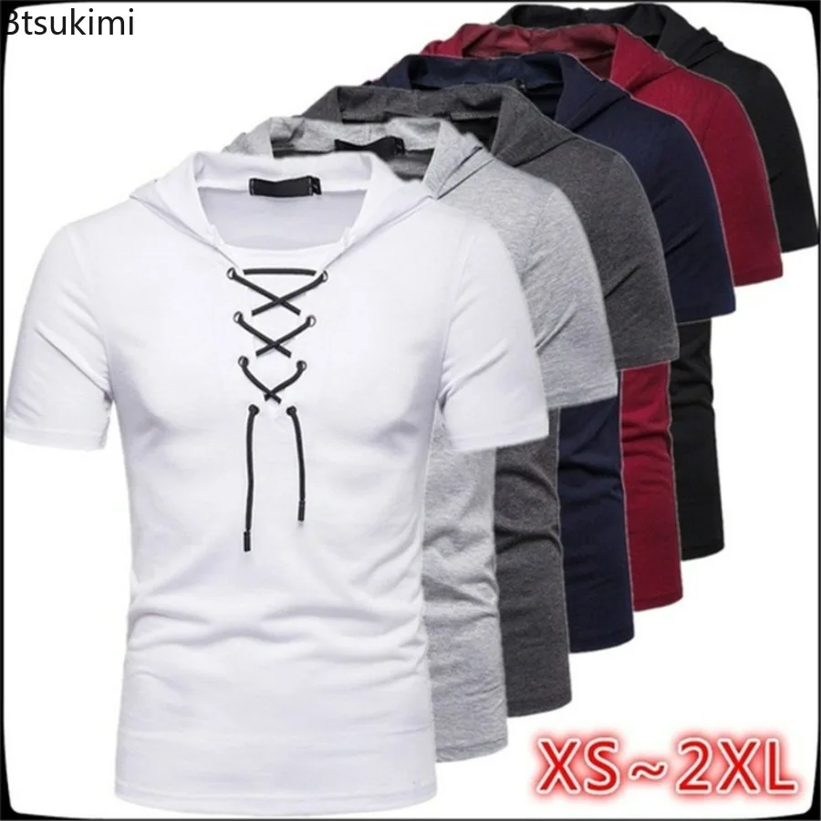2026 Hooded Short Sleeve T Shirt Men Sportswear Shirts Streetwear Lace-up Breathable Casual Summer Top for Male Homme Top Tees
