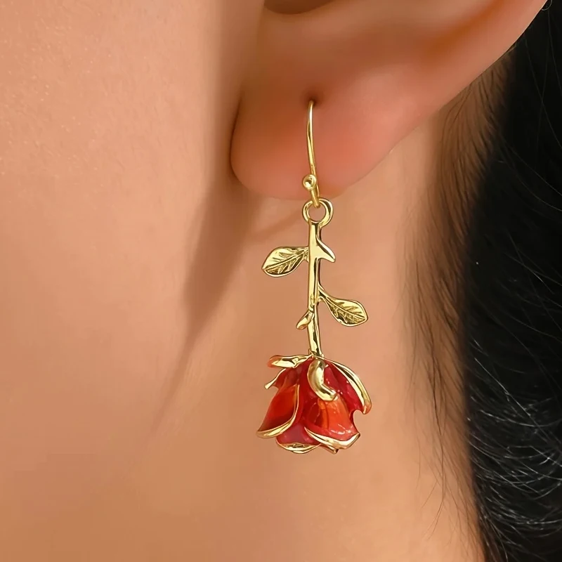 Фото Серьги роза День Святого Валентина женские Эмаль Роза Подвеска Серьги День Святого Валентина Ювелирные Изделия Покупки подарки отпуск на годовщину