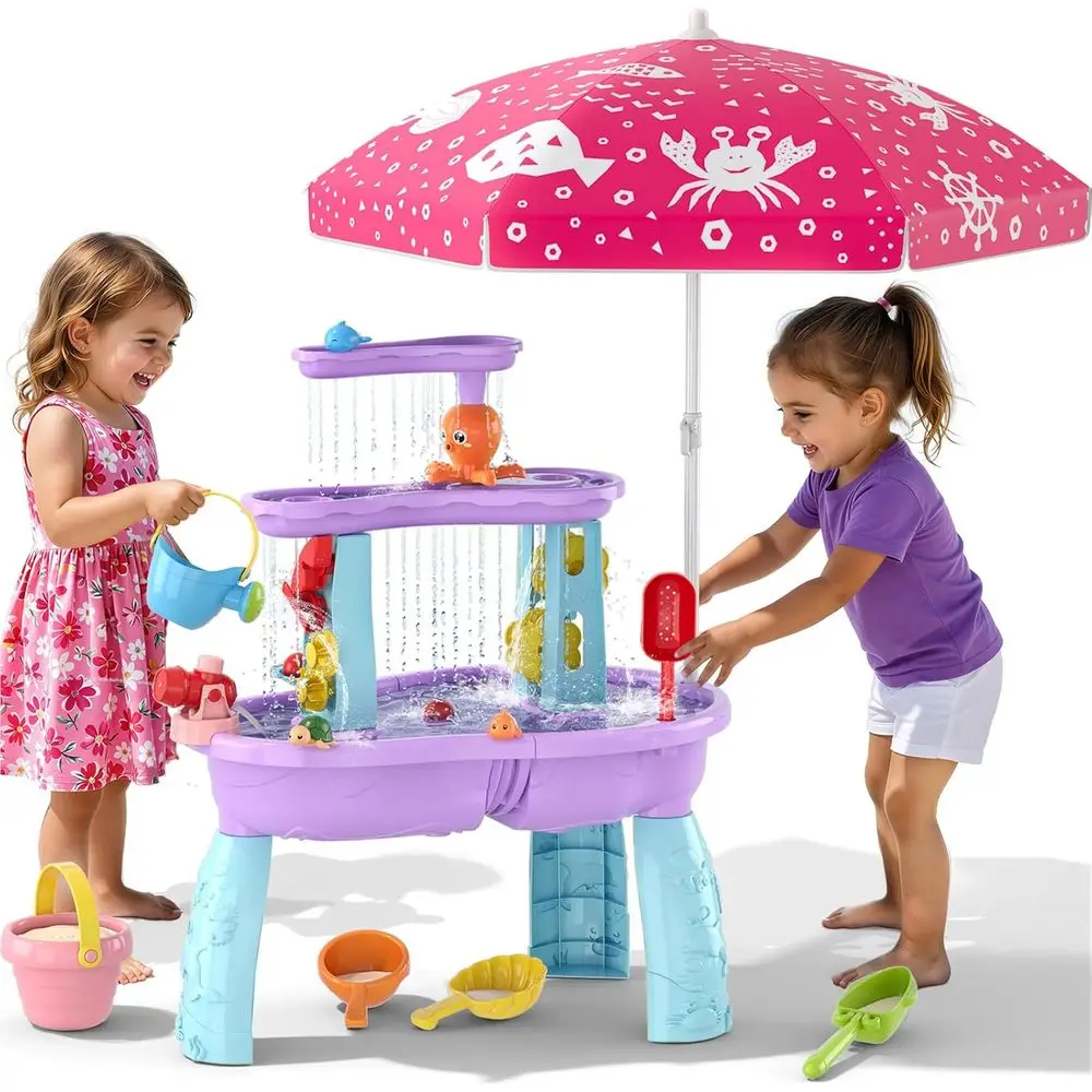 

3-Tier Toddler Water Table with Umbrella, Sand Toys & Fishing Game for Outdoor Beach Play