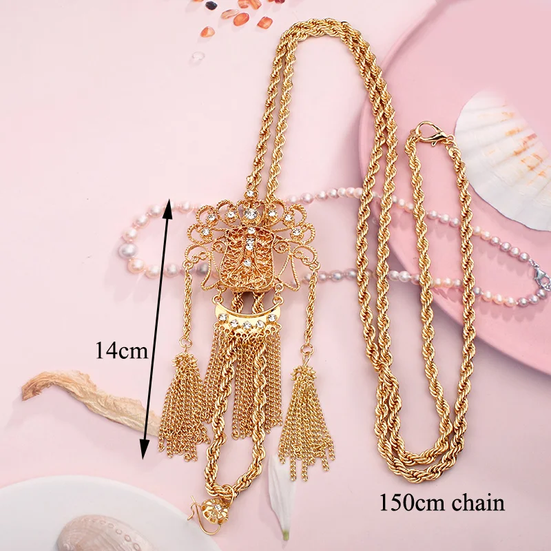 Long Chain Algeria Bride Pendant Necklace Gold Plated Ethnic Tassels Chain Necklace for Women Pendentif Diamant Femme