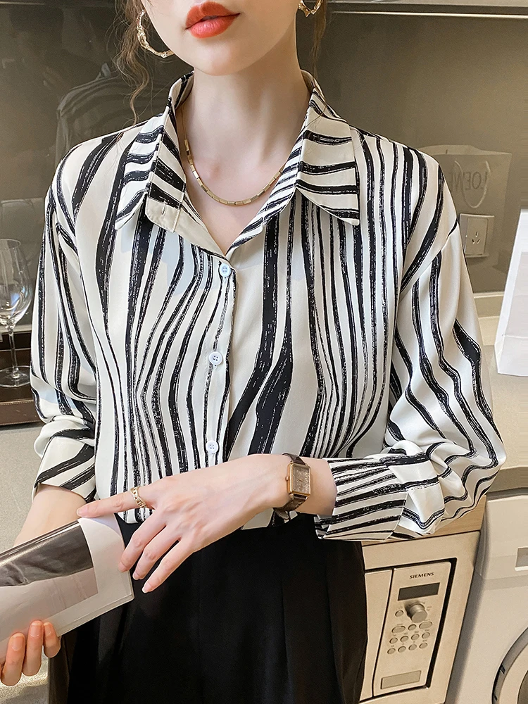 

New Chiffon Women Shirts Blouses Fashion Turn Down Collar Long Sleeve Button Stripe Shirt Top Chic Office Lady Camisas e Blusas