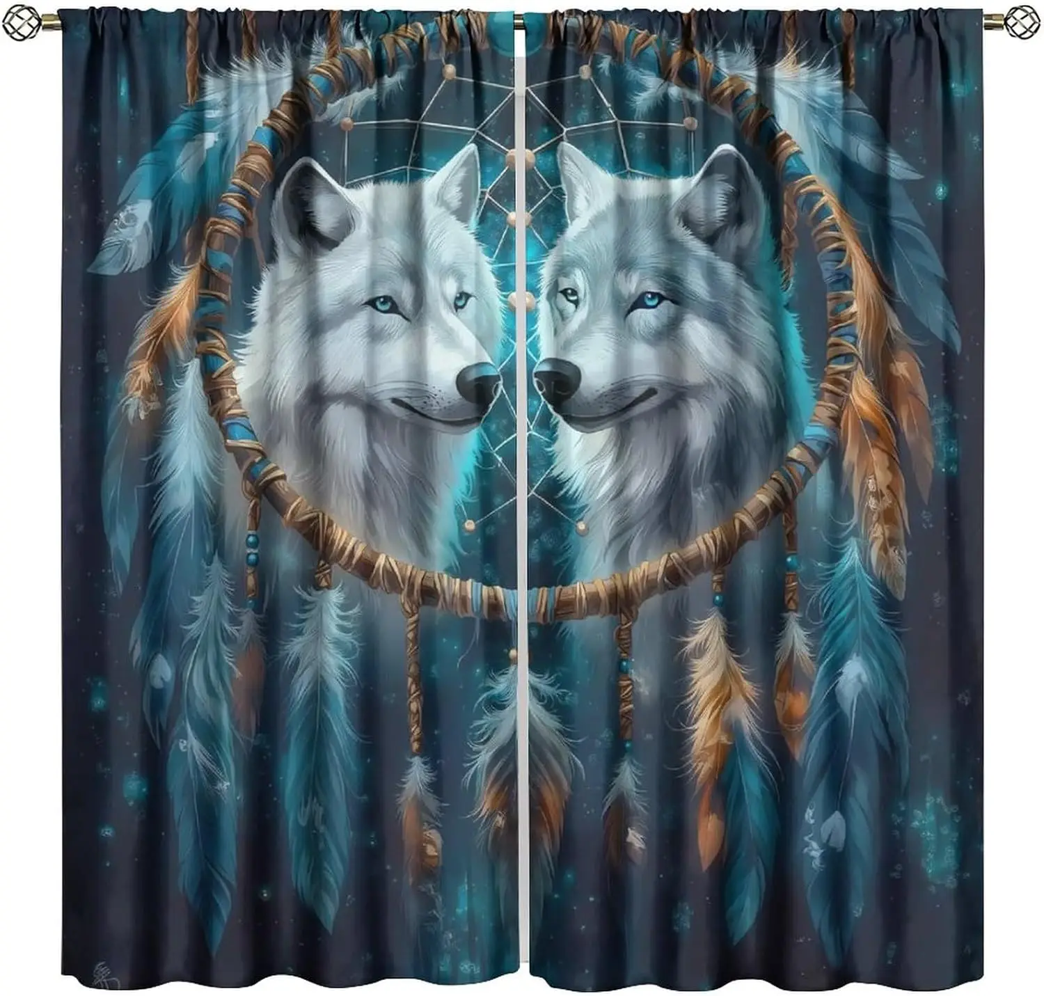 Dreamcatcher White Wolf Curtains Feather Native Print for Living Room Bedroom Decor