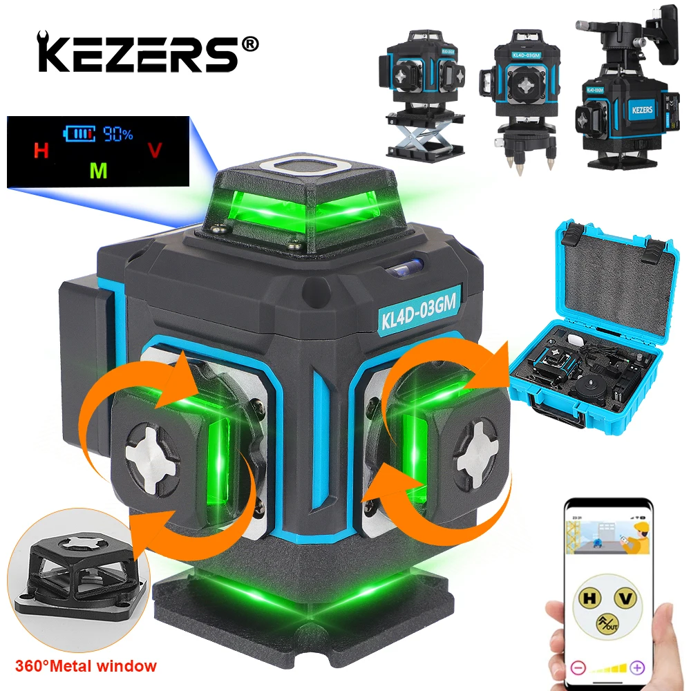 KEZERS Digital Green Laser Level 16 Lines 4D 360 KL4D-03GM 5200mAh Li-ion Battery лазерный уровень Metal Window/Base Suitcase