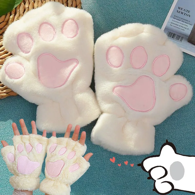 Plush Fingerless Panda Mittens Cute Fluffy Cat Paw Claw Fingerless Gloves Warm Soft Half Finger Women Winter Wear Christmas Gift