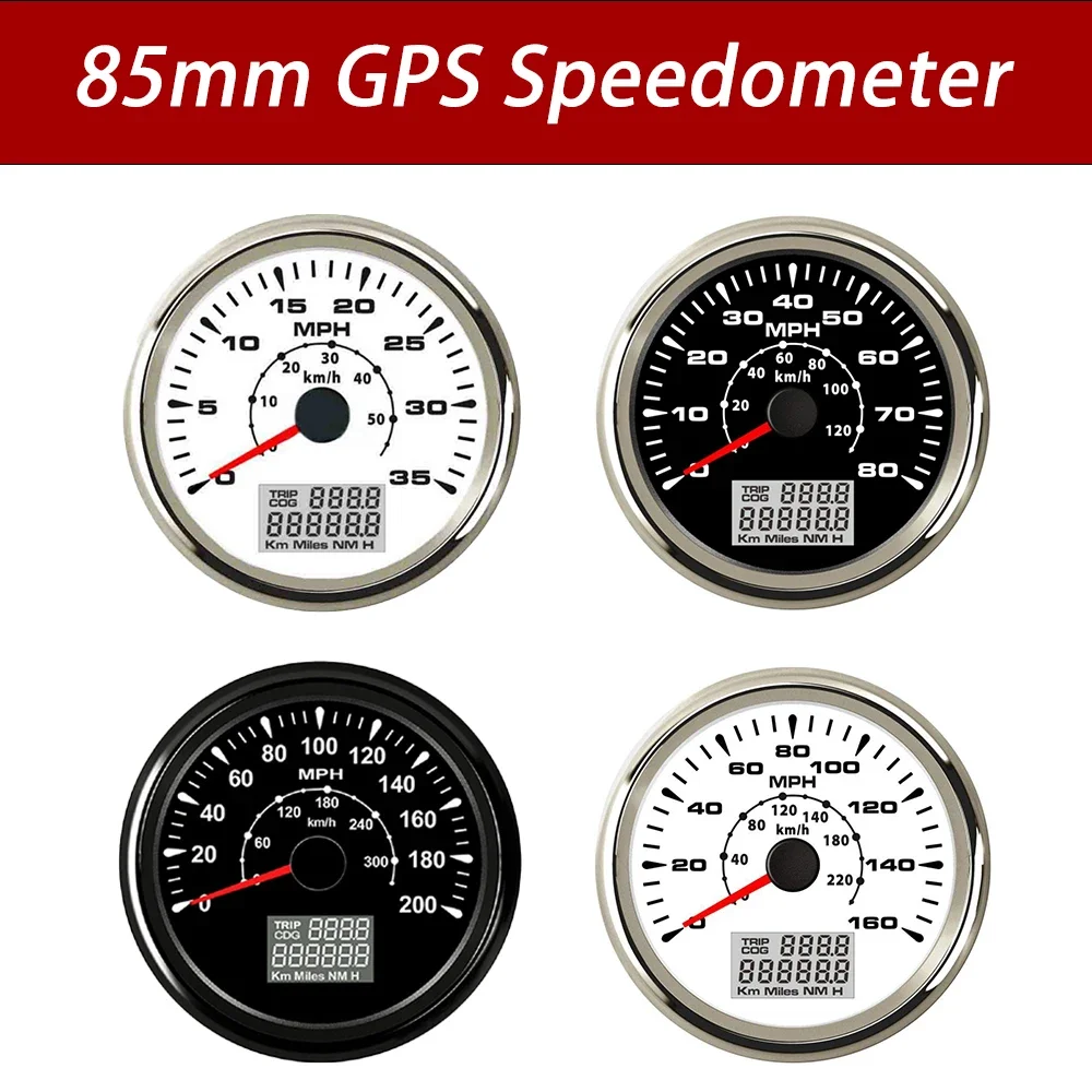 85mm GPS Speedometer 0-35MPH 0-80MPH 0-160MP 0-200MPH Odometer Mileage with 8 Colors Backlight for Car Yacht Boat Universal