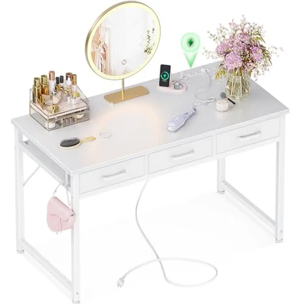 

White Vanity Desk Makeup Table with 3 Fabric Drawers and Charging Station 48 Inch