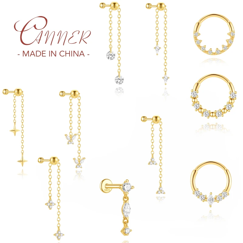 

CANNER 1PC S925 Silver Natural Fringed Geometric Zircon Pieces Pierce Through The Shrill Bone Nails Elegant Lady Stud Jewelry