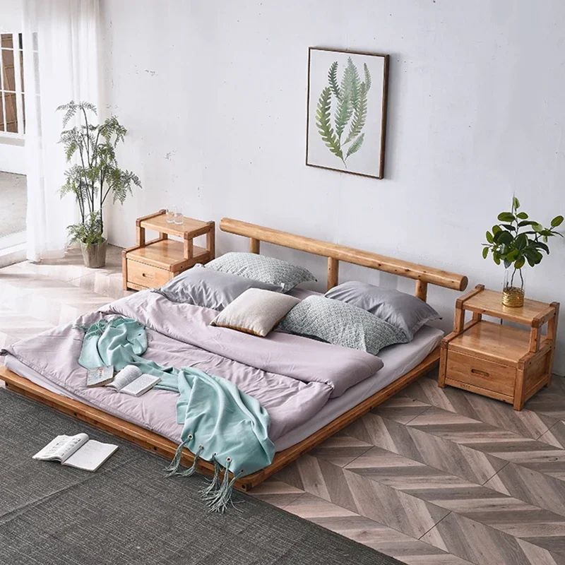 Luxury Wood Tatami Low Double Bed Japanese Platform Loft Bed Adults Bed Frame Queen Minimalism Cama Kingsize Bedroom Furniture