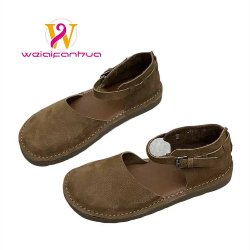 

Женские кожаные сандалии без застежек, новинка 2026 года, на плоской подошве, в римском стиле, ручной работы, ретро-кэжуал, люкс