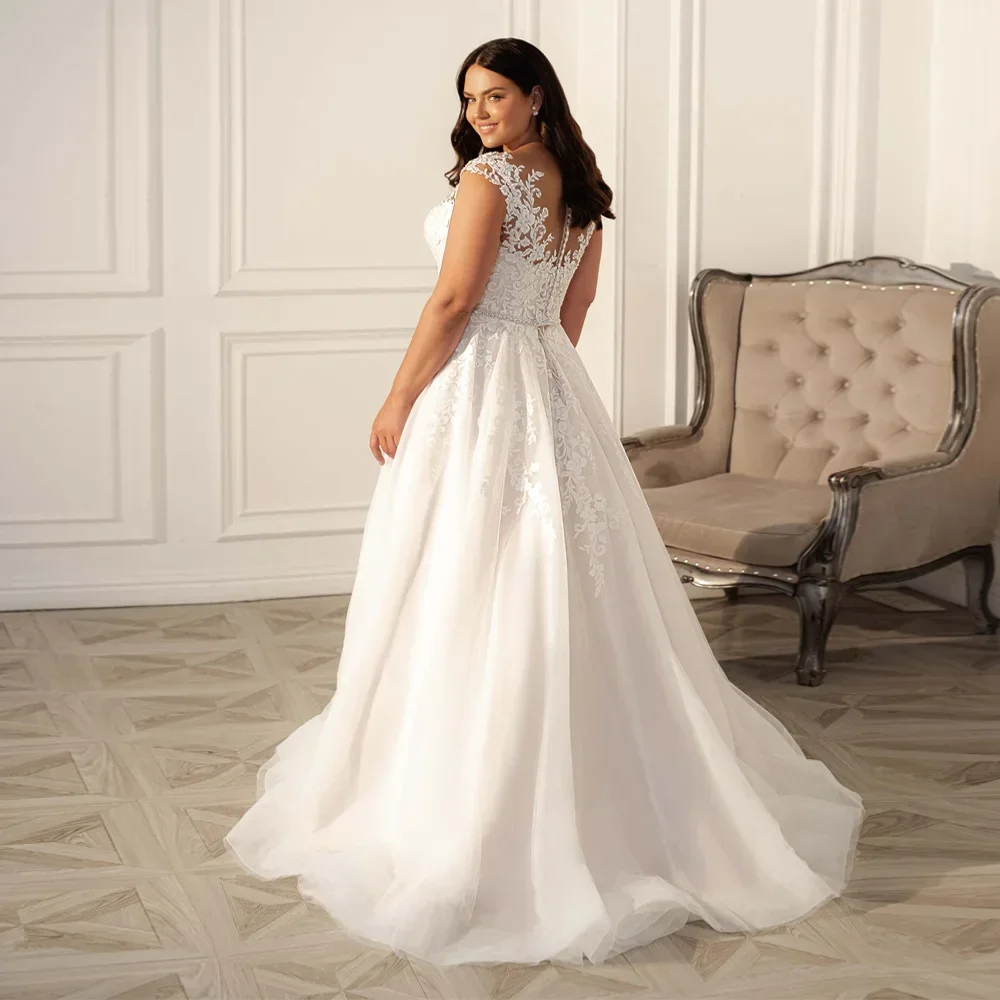 Plus Size V Neck Illusion Cap Sleeve Lace Wedding Dress Beaded Belt Applique Bodice Tulle Full A Line Skirt with Sweep Train