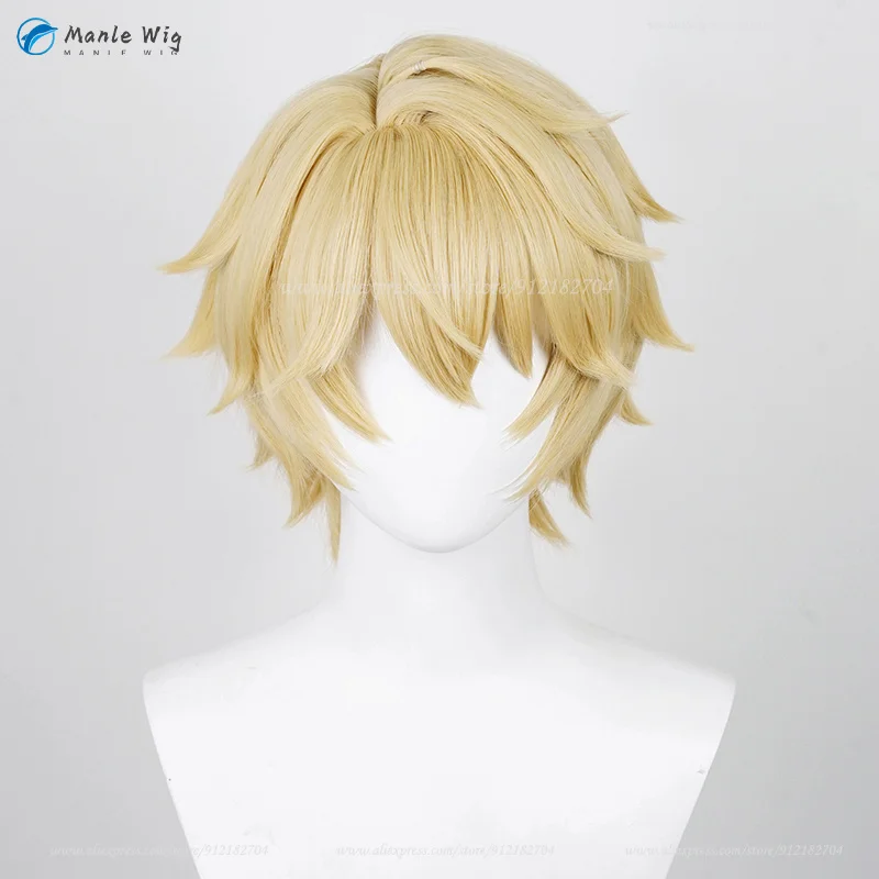 Peruca de Cosplay para Homens, Resistente ao Calor, Cabelo Sintético, Couro Loiro, Boné, 30cm