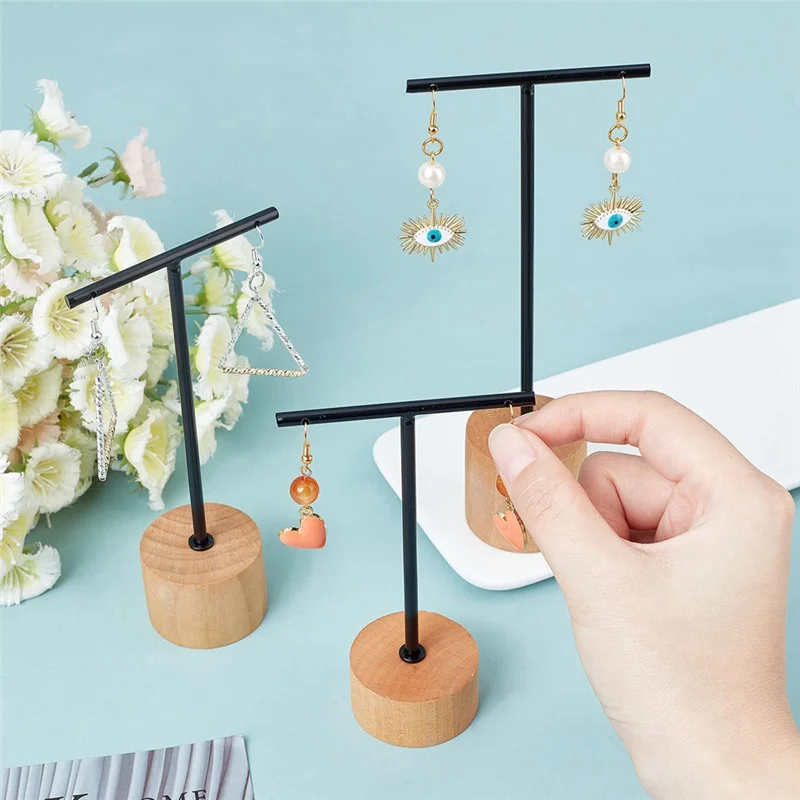 Sale 3Pcs T Bar Earring Display Stand with Wooden Base Jewelry Holders Hanging Jewelry Organizer for Photography Props A