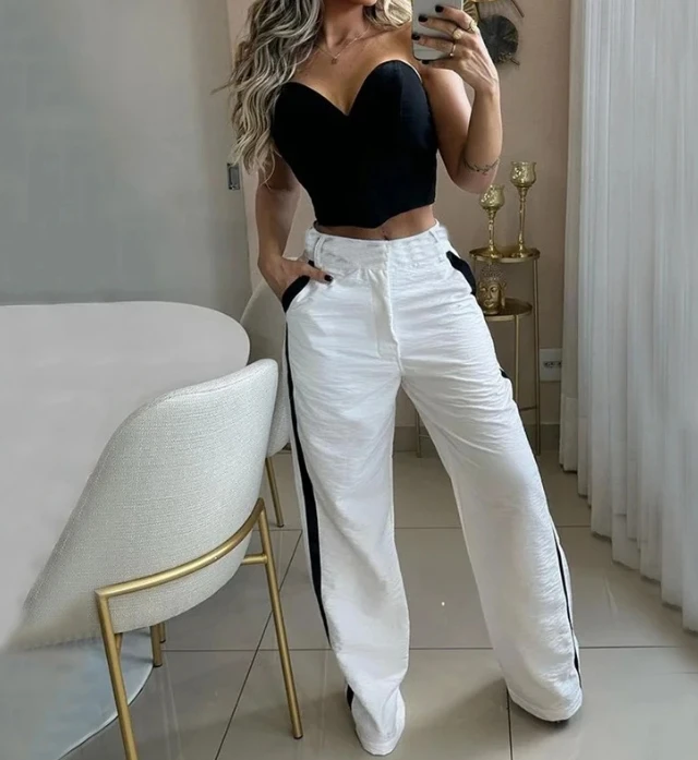 

Women's Fashion Bandeau Top & High Waist Colored Casual Pants Set Temperament Commuting Female Trousers Sets Two Piece Outfits