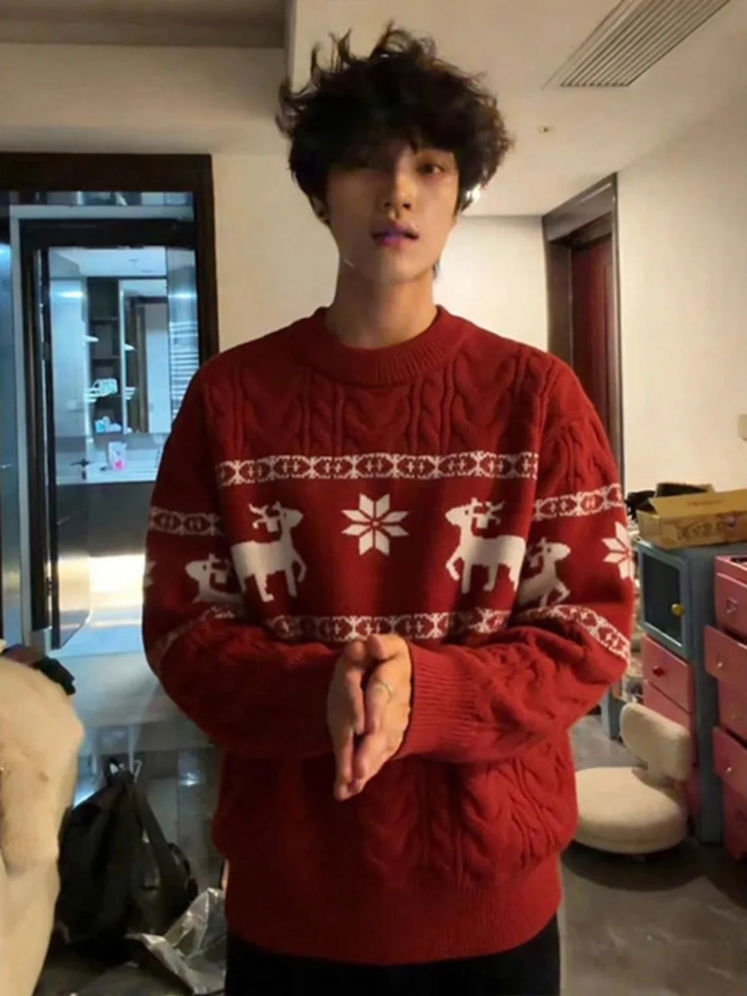 

Cisas Aosphere Red Sweater Men's Autumn Winter Deer Embroidery American Sle Couple Knitted irt Inner Wear Base irt