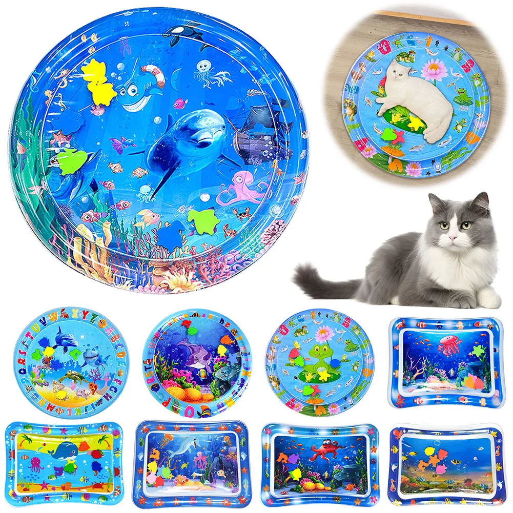 Cat Playing Water Mat PVC Inflatable Water Sensory Play Mat For Cat Dog Playmat With Fish Sea Ocean Theme Summer Pet Cooling Mat