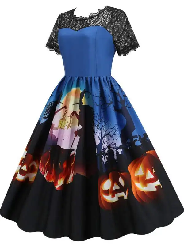 Rua sle loween par abóbora impressão a linha renda emenda fino ort sve maxi dr vestido feminino faion outono wear