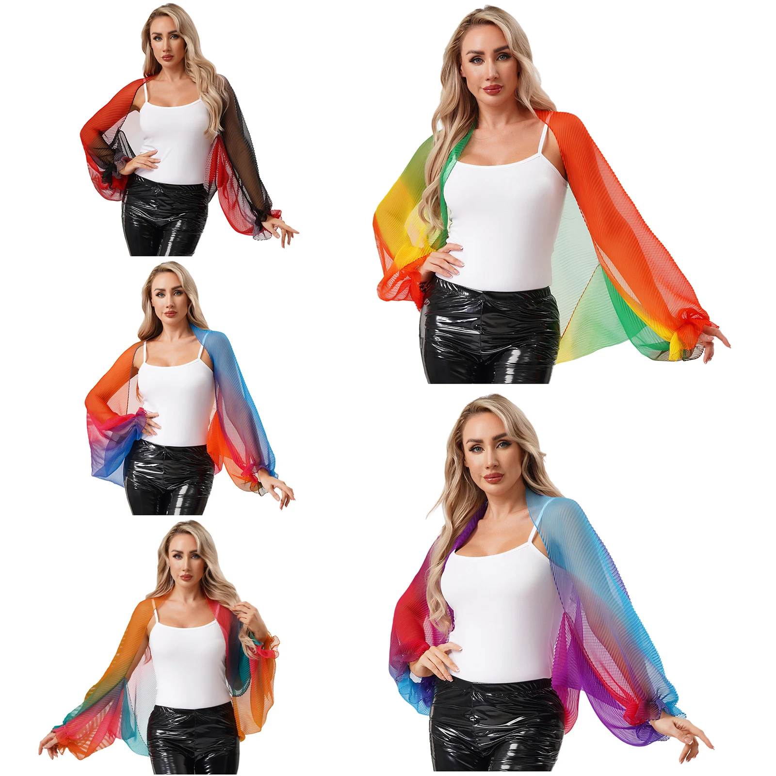 Womens Gradient Rainbow Color Shrug Shawls Ruffled Long Sleeve Open Front Pleated Cardigan Bolero Sun Protection Cover Up Scarf