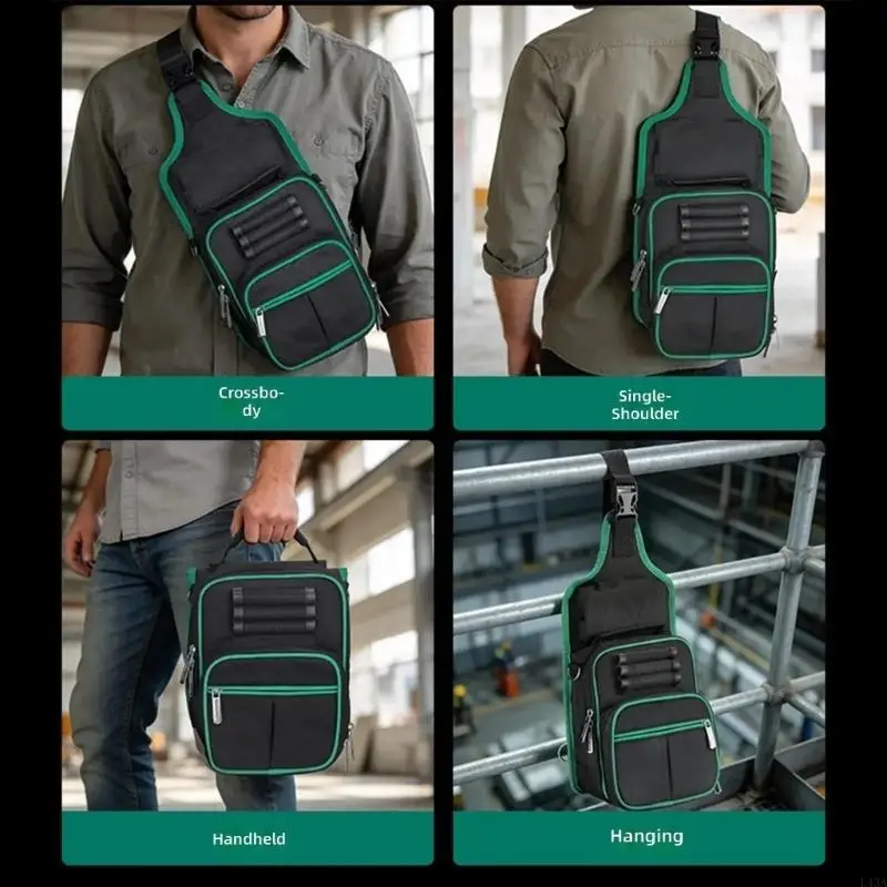 L43A Electrician Tool Bag with Multi Pocket Storage Layout, Fabric Crossbody Repair Carry Bag with Front Sections, Top Handle