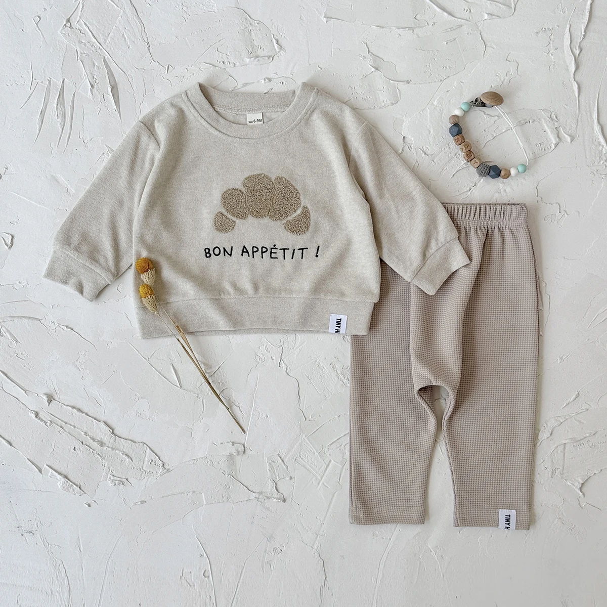 Infant Bon Appetit Letter Print Sweatshirt Pants Set Baby Long Sleeve Pullover & Waffle Trousers Outfit