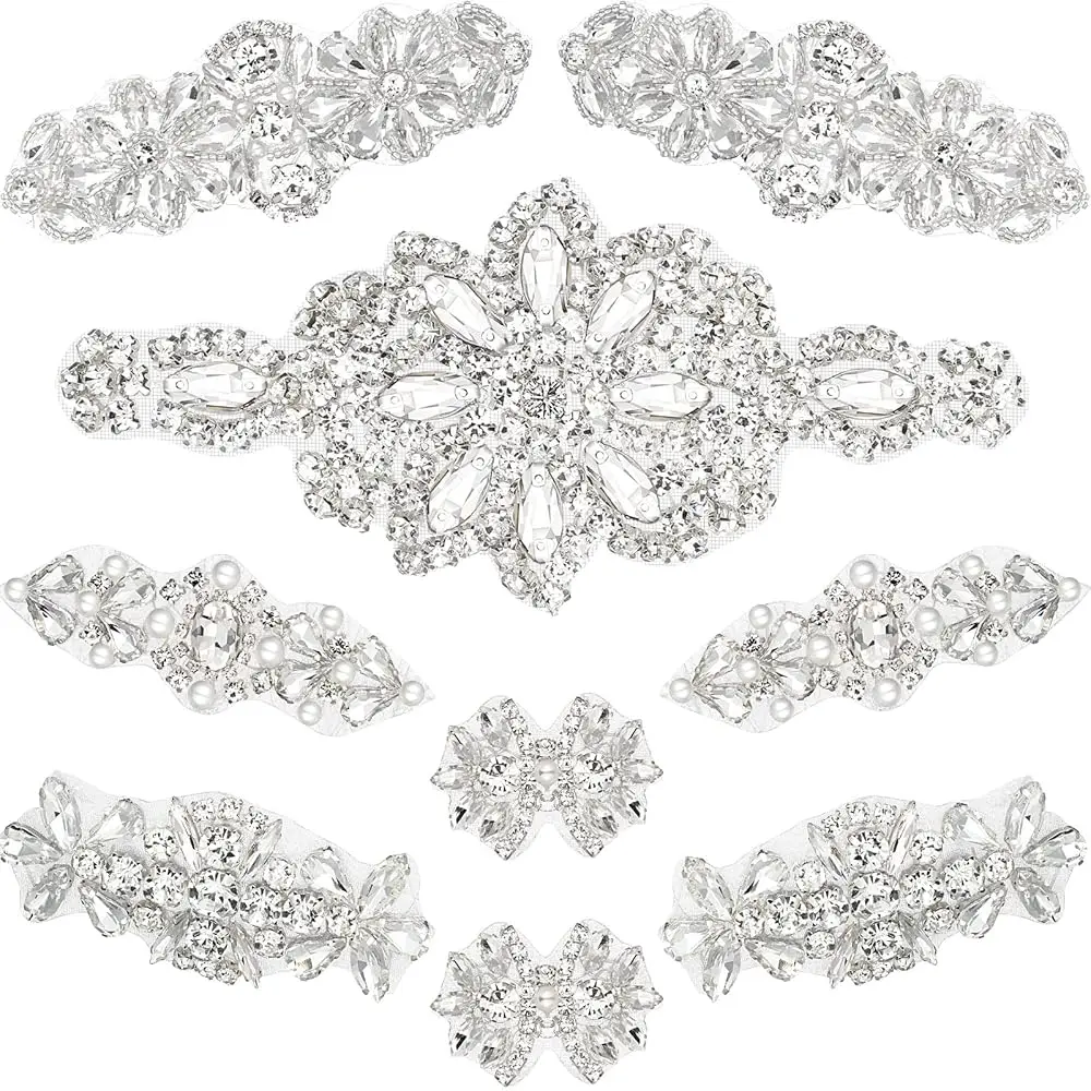 

9 Pieces Rhinestone Applique 5 Style Rhinestone Iron on Patch Hot Fix Wedding Silver Crystal for Clothes Pearl Bridal Crystal