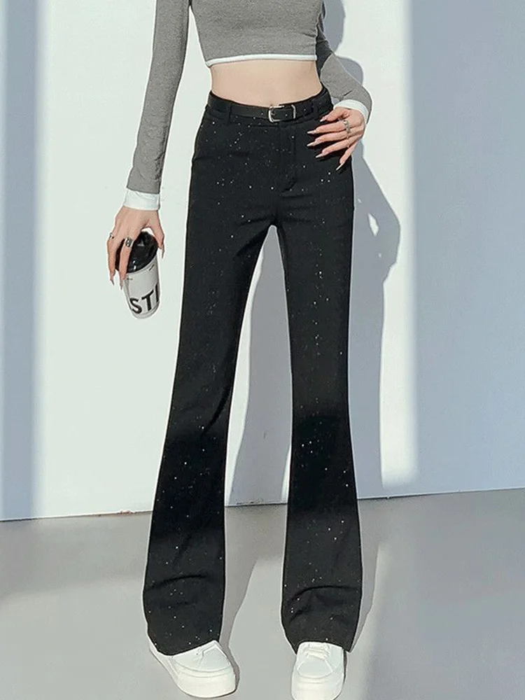 グリッターハイウエストスーツパンツ レディース カジュアル ワイドレッグ ブーツカットパンツ 韓国ファッション ストレートボタンパンツ カルカス