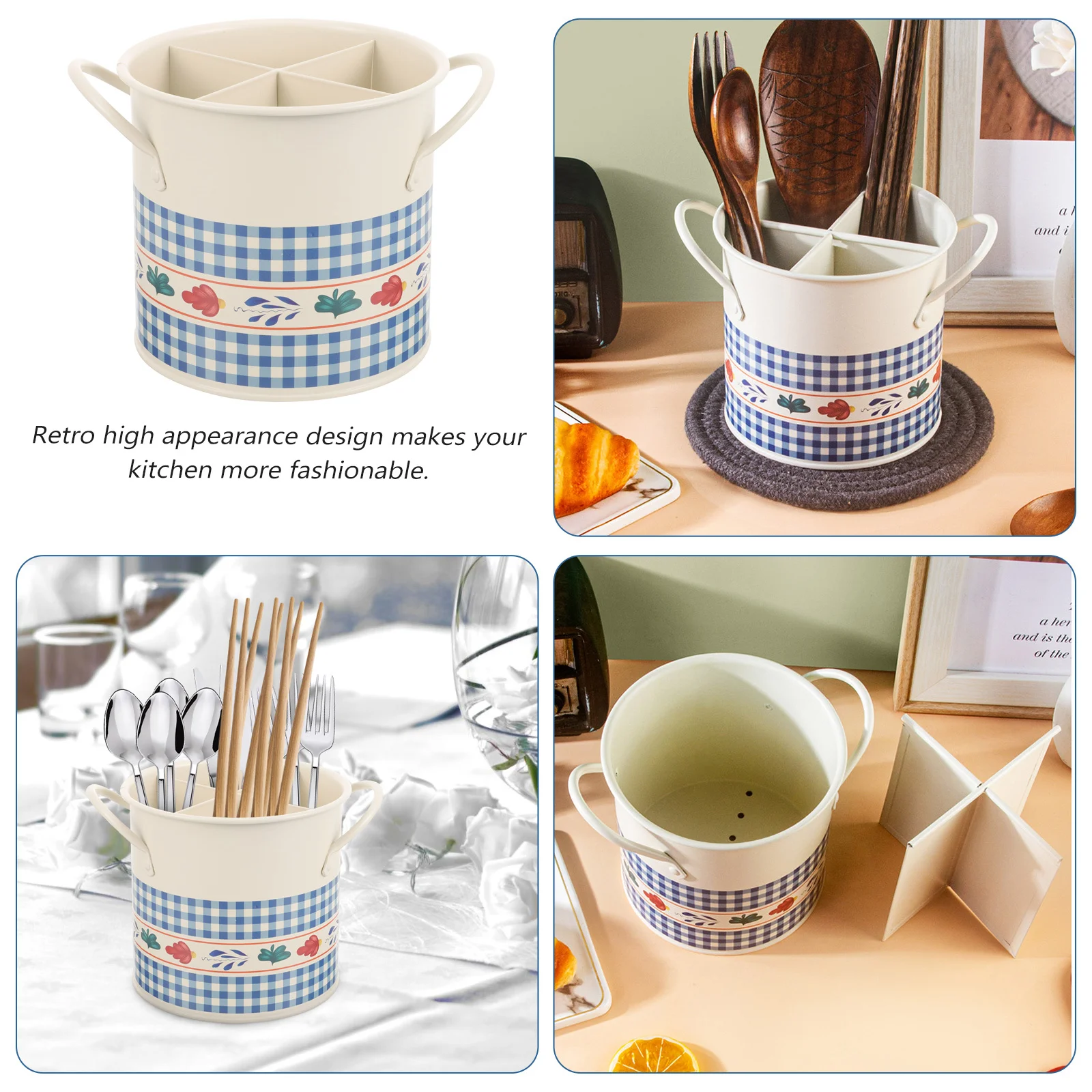 

4-Compartments Iron Cutlery Holder Organizer Retro Kitchen Utensil Storage Bucket For Spoons Forks Chopsticks Tableware