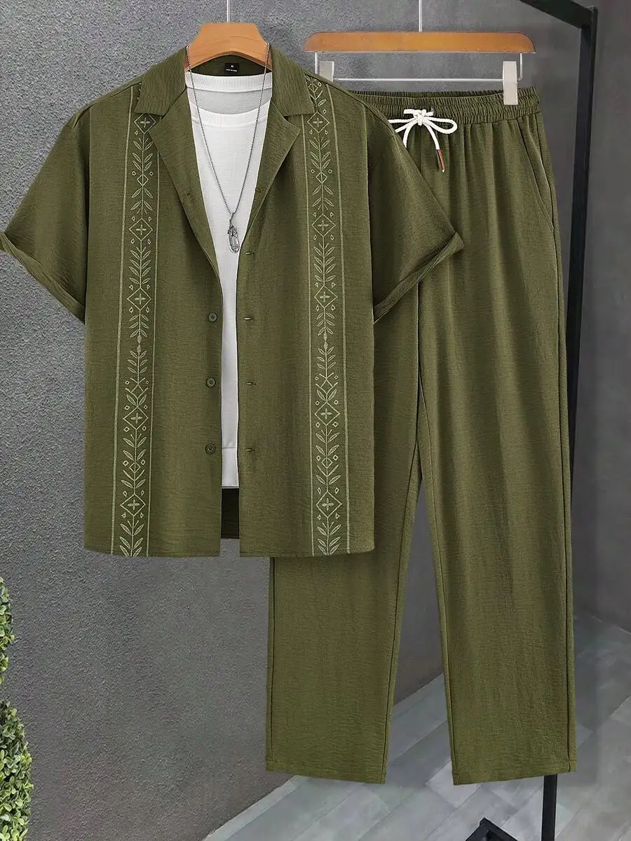 

Mens Crinkle Fabric Short Sleeve Embroidered Shirt And Drawstring Pants Set Casual Vacation Outfit