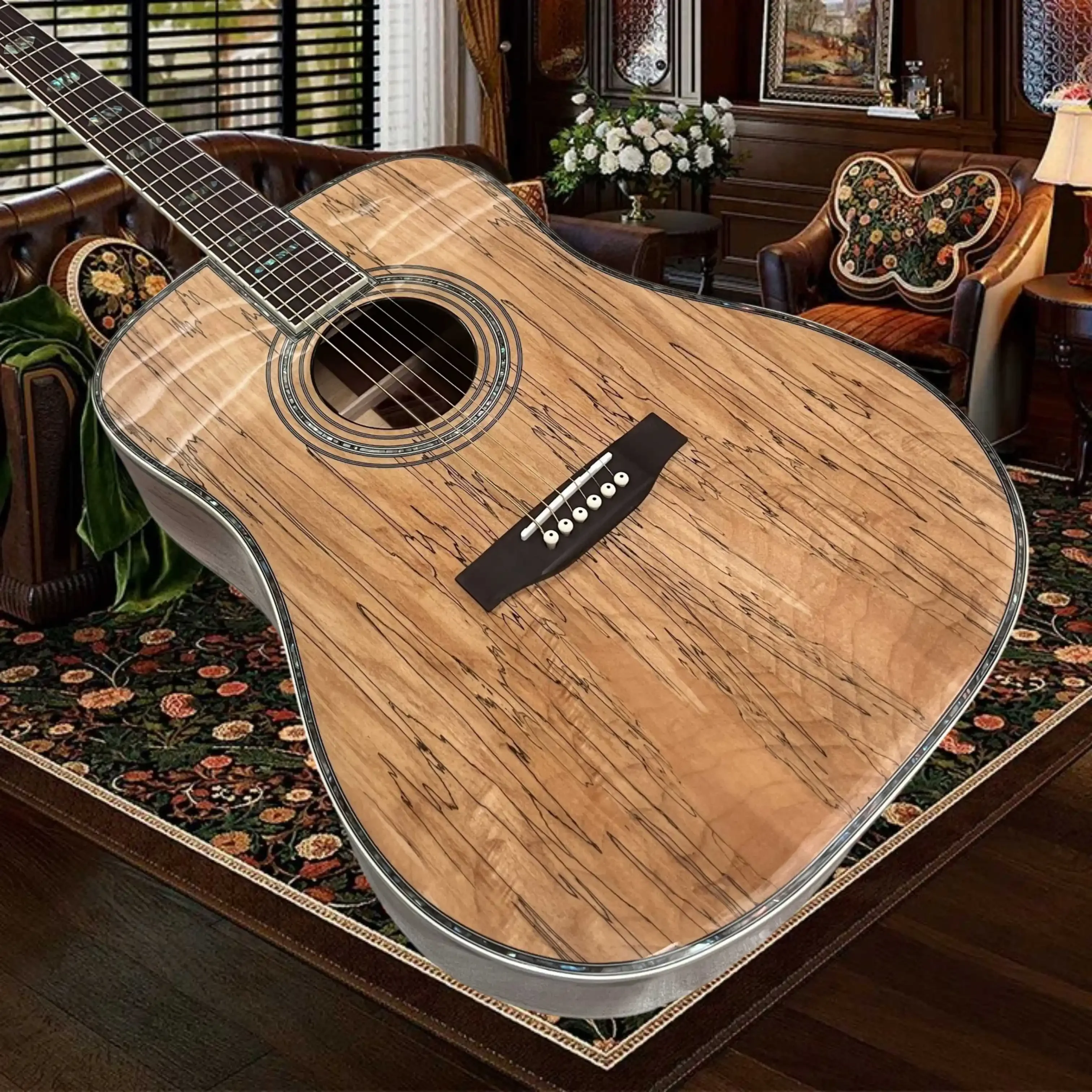 D Acoustic Guitar Hexagonal Rosette Pearl Inlays Clear Tone Mahogany Back Sides Ebony Fingerboard Ideal Fingerstyle Playing