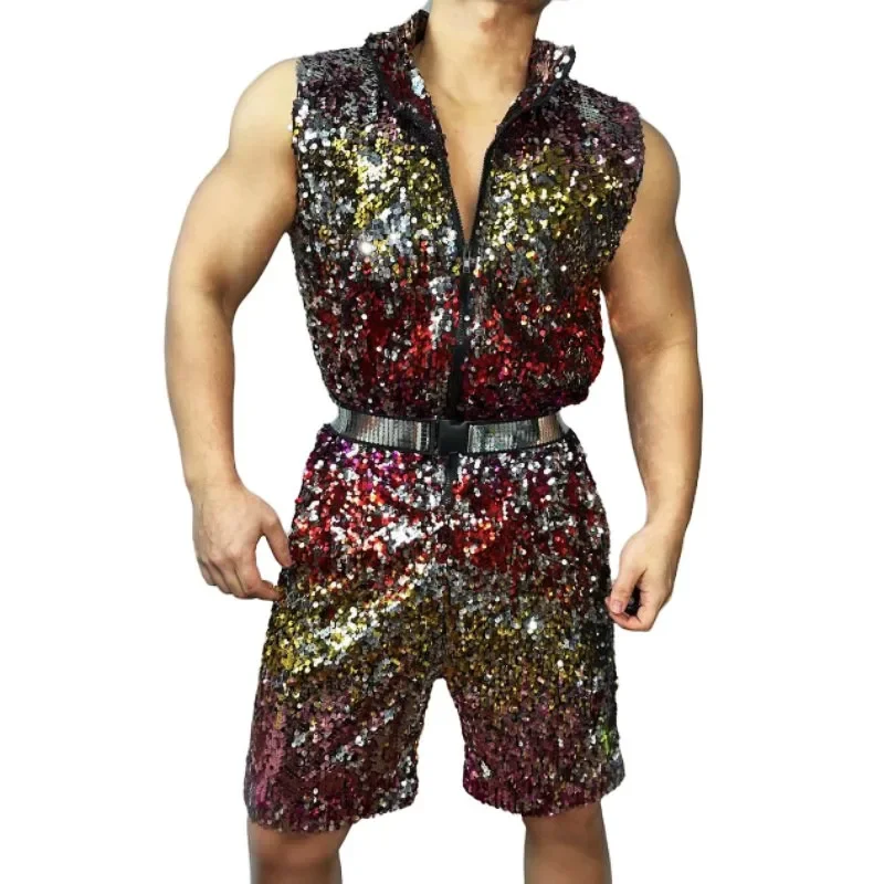 

Men's Hip Hop Jazz Dance Costume Colorful Sequins Loose Zipper Jumpsuit Overalls Bar DJ Dancer Singer Stage Performance Clothes